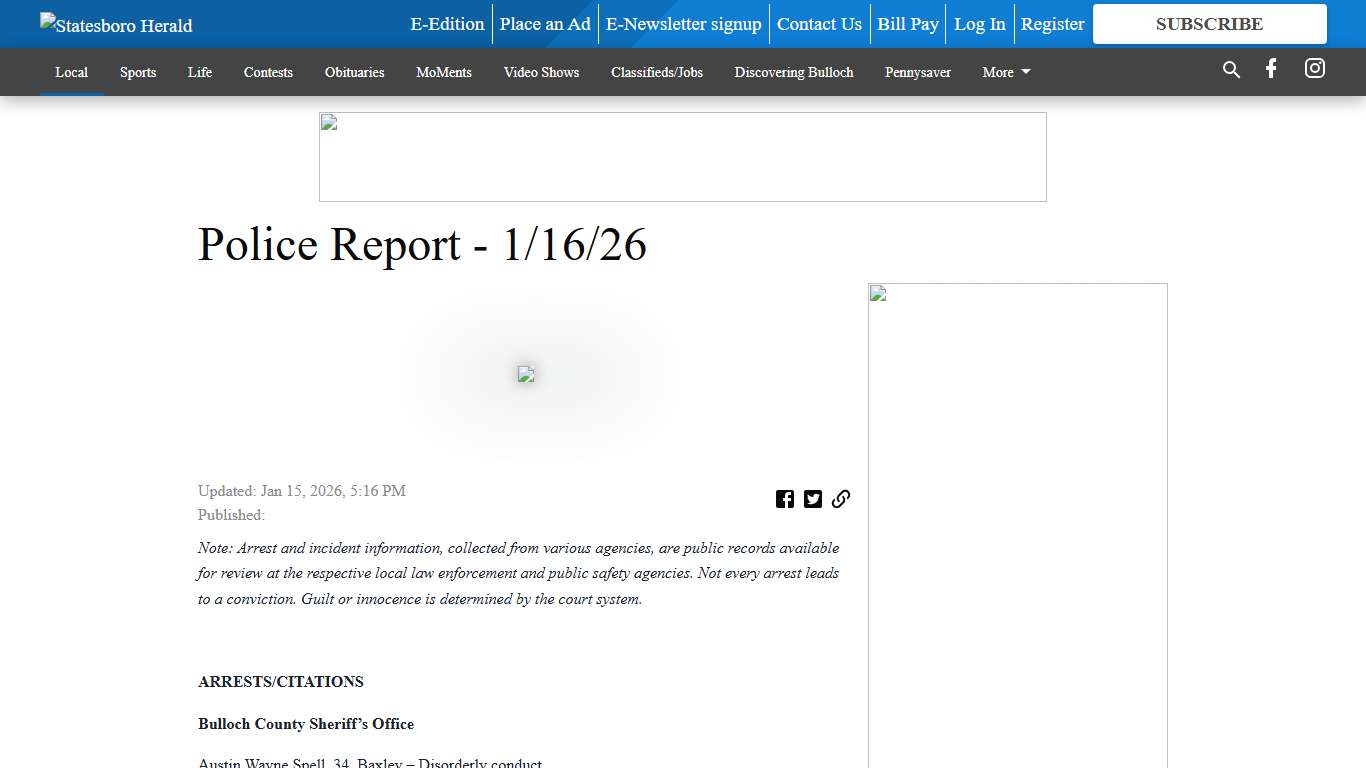 Police Report - 1/16/26 - Statesboro Herald