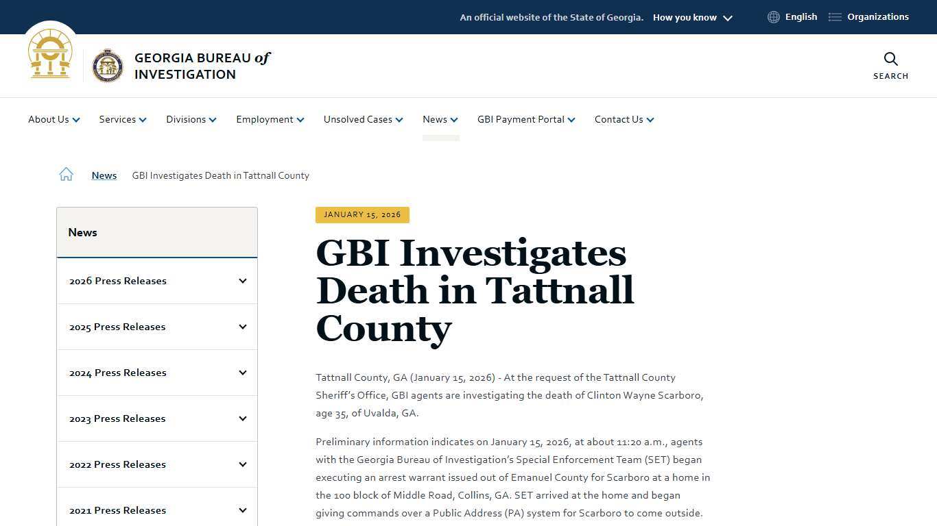 GBI Investigates Death in Tattnall County Georgia Bureau of Investigation